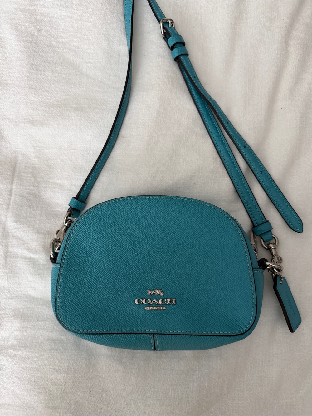 Coach Turquoise Pebbled Leather Crossbody Bag with Silver Hardware